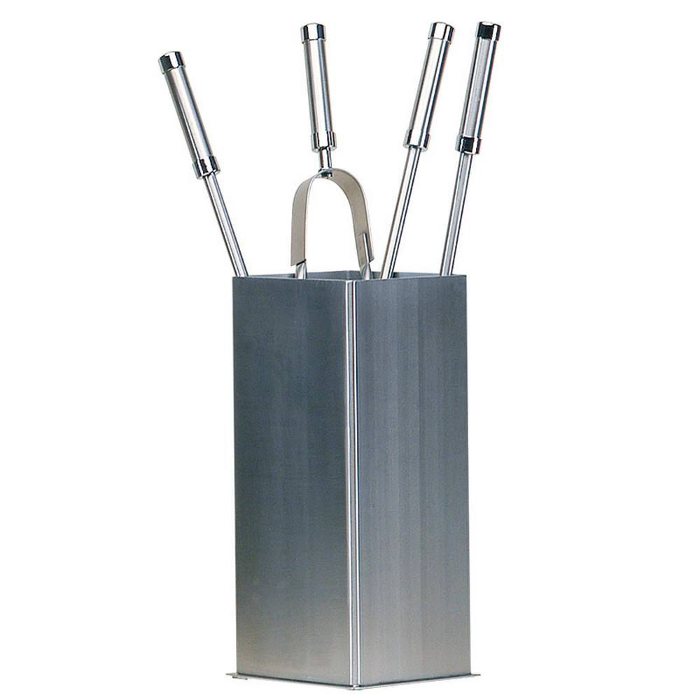 Porta attrezzi camino acciaio inox quadrato 4 accessori h.62 base 16 x 16 cm. finiture cromo.  Made in Italy