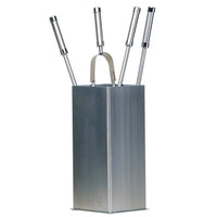 Porta attrezzi camino acciaio inox quadrato 4 accessori h.62 base 16 x 16 cm. finiture cromo.  Made in Italy