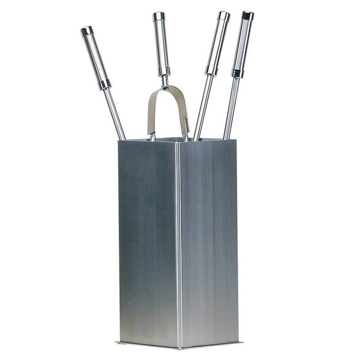 Porta attrezzi camino acciaio inox quadrato 4 accessori h.62 base 16 x 16 cm. finiture cromo.  Made in Italy