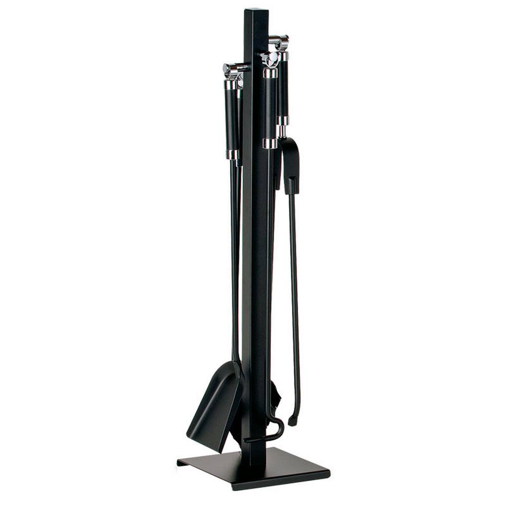 Porta attrezzi camino acciaio nero cromo 4 accessori h.71 base 18 x 20 cm.  Made in Italy