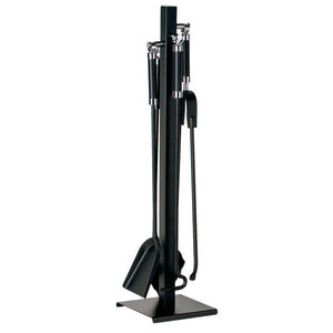 Porta attrezzi camino acciaio nero cromo 4 accessori h.71 base 18 x 20 cm.  Made in Italy