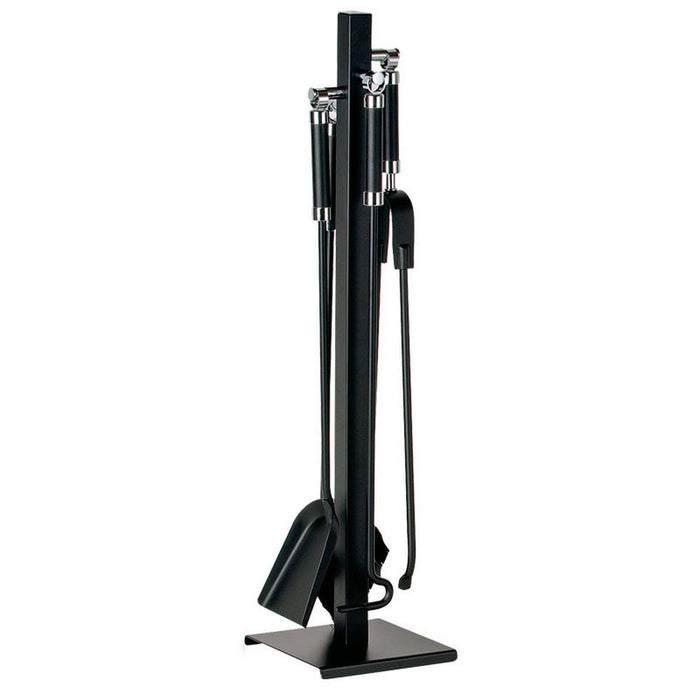 Porta attrezzi camino acciaio nero cromo 4 accessori h.71 base 18 x 20 cm.  Made in Italy