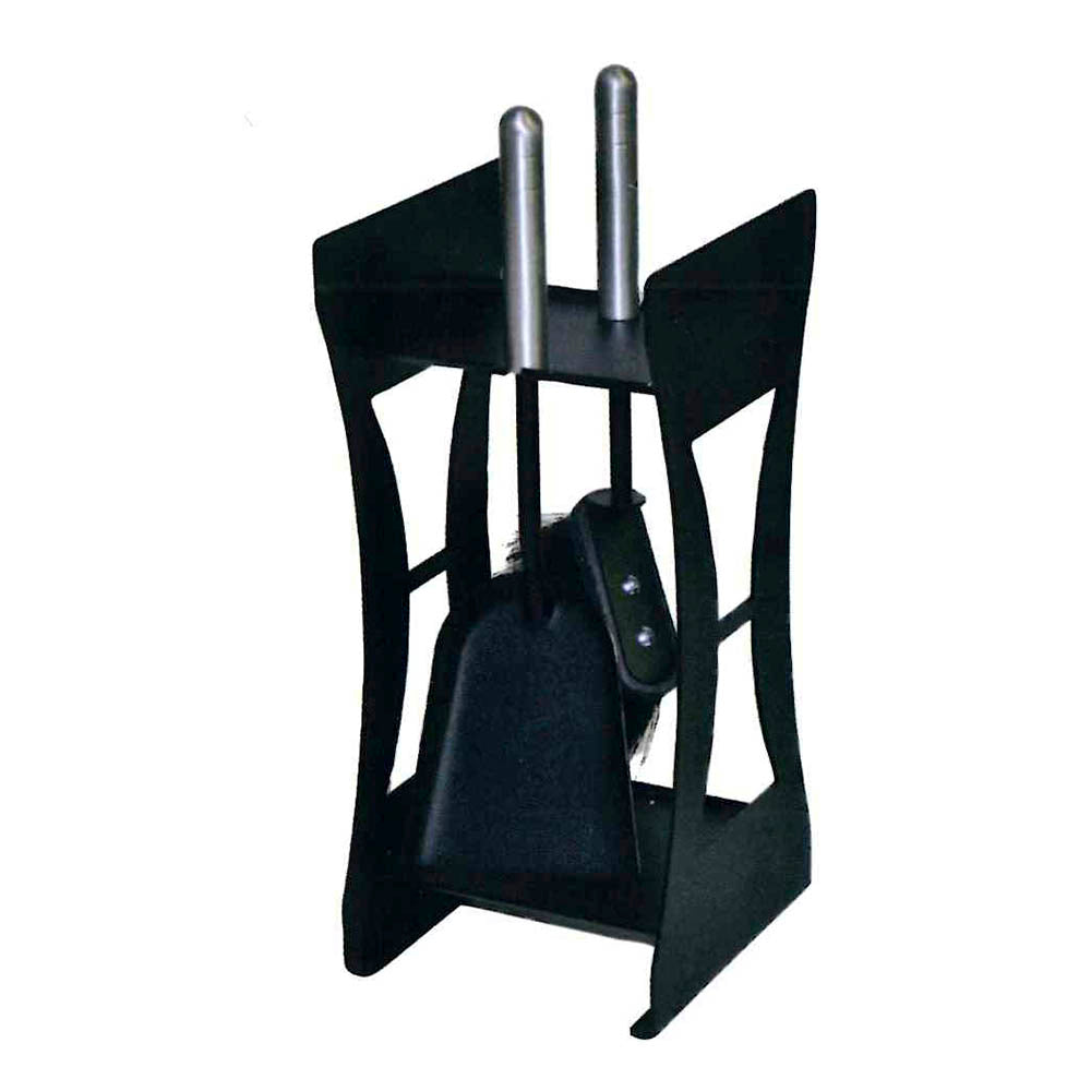 Porta attrezzi camino acciaio nero manico alluminio 2 accessori h. 40 cm. l. 17 x 18 cm.  Made in Italy