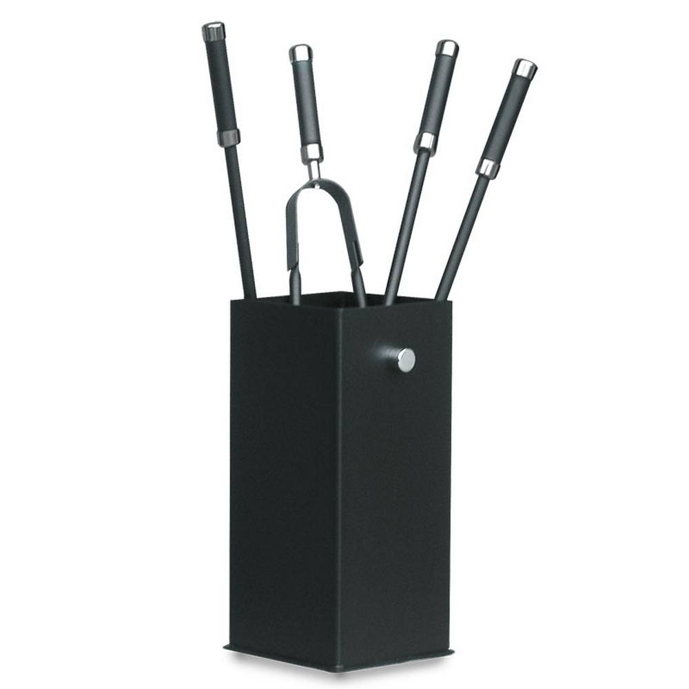 Porta attrezzi camino acciaio nero manico cromo 4 accessori h.60 base16 x 16 cm.  Made in Italy