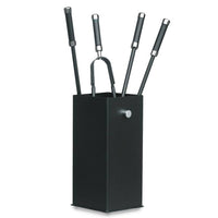 Porta attrezzi camino acciaio nero manico cromo 4 accessori h.60 base16 x 16 cm.  Made in Italy