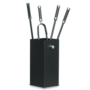 Porta attrezzi camino acciaio nero manico cromo 4 accessori h.60 base16 x 16 cm.  Made in Italy