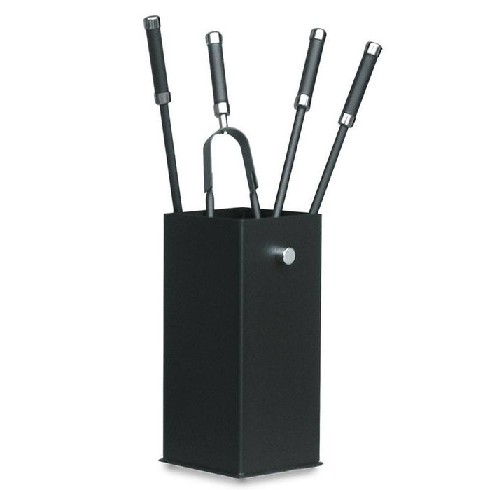 Porta attrezzi camino acciaio nero manico cromo 4 accessori h.60 base16 x 16 cm.  Made in Italy