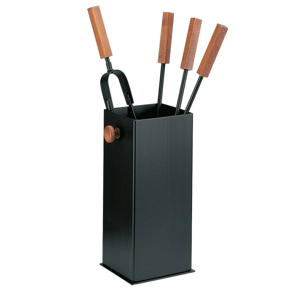 Porta attrezzi camino acciaio nero manico legno 4 accessori h.60 base 16 x 16 cm.  Made in Italy