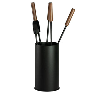 Porta attrezzi camino fiamma acciaio nero manico legno 4 accessori h.60 d. 16 cm. Made in Italy
