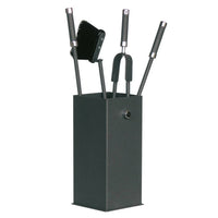 Porta attrezzi camino quadrato acciaio antracite finiture cromo 4 accessori 16x16  h.60 cm. Made in Italy