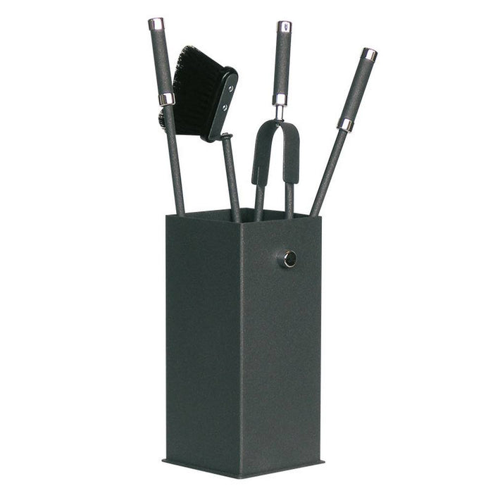 Porta attrezzi camino quadrato acciaio antracite finiture cromo 4 accessori 16x16  h.60 cm. Made in Italy