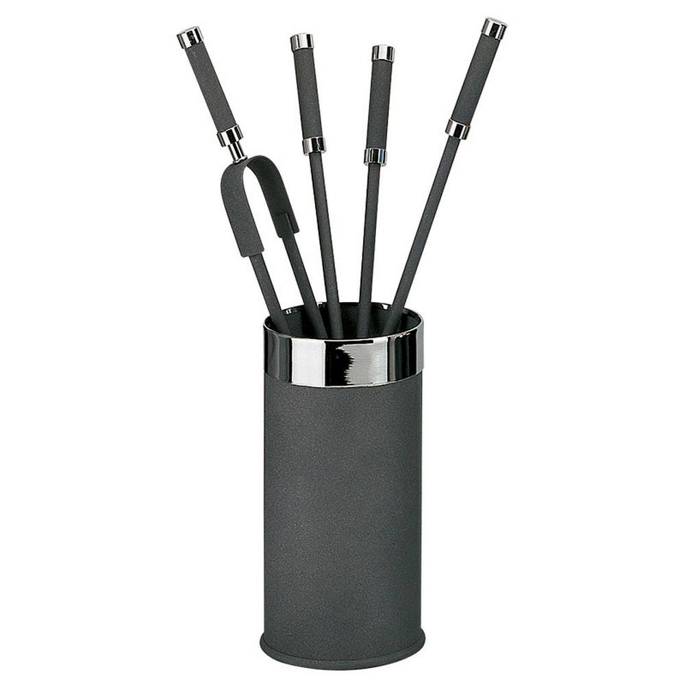 Porta attrezzi camino tondo acciaio antracite finiture cromo 4 accessori h.60 d. 16 cm. Made in Italy