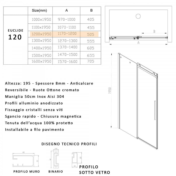 Porta doccia scorrevole fumè anticalcare 195h 8mm euclide, misura 120