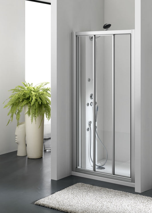Porta doccia tre ante scorrevole bilaterale, argento, cristallo opaco 3mm, h185 Merbo Tinez Opaco 3mm,Argento satinato,76/82 cm