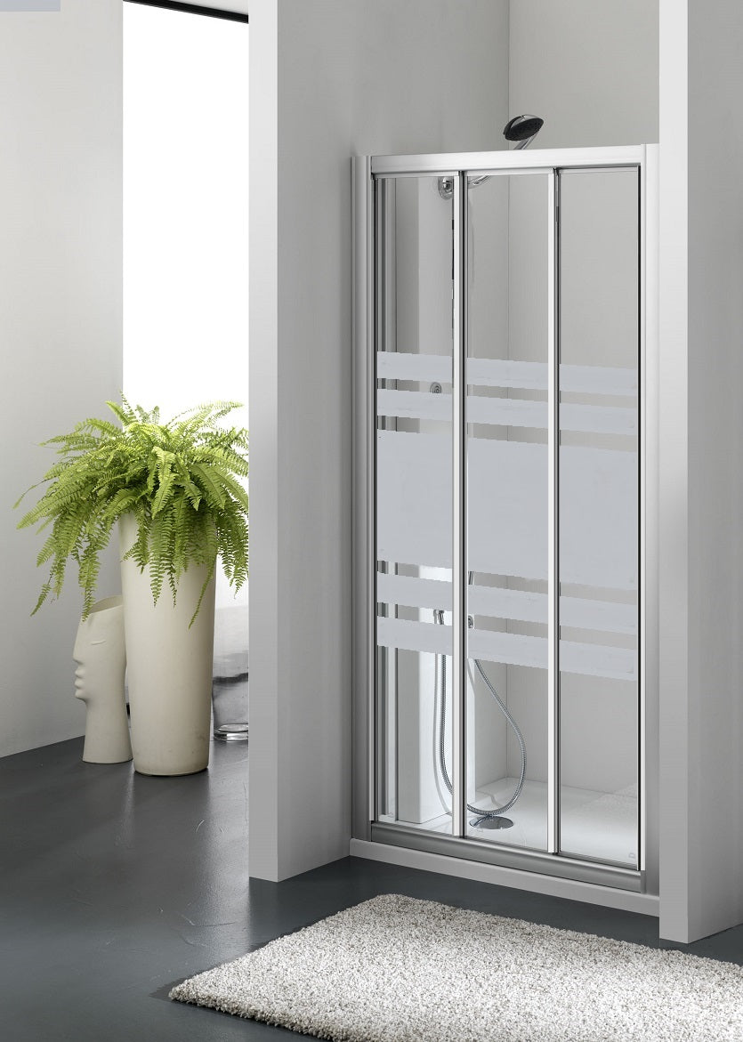 Porta doccia tre ante scorrevoli bilaterale, cristallo serigrafato 3mm, h185cm Merbo Tinez Serigrafato 3mm,Argento satinato,82/88 cm