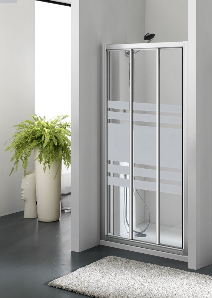 Porta doccia tre ante scorrevoli bilaterale, cristallo serigrafato 3mm, h185cm Merbo Tinez Serigrafato 3mm,Argento satinato,100/106 cm