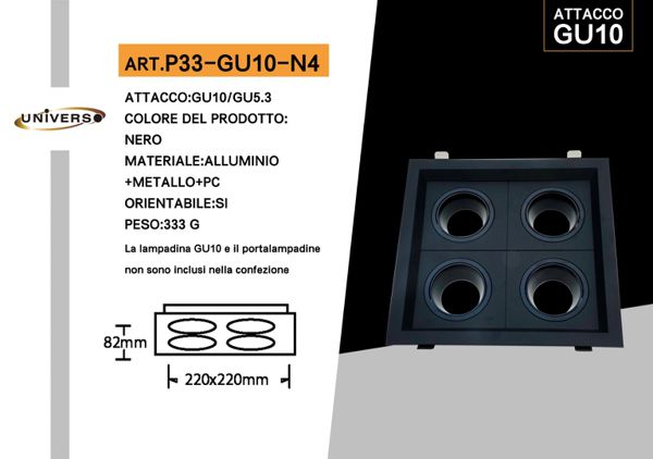 Portafaretto Incasso 4 GU10 Orientabile Quadrato Nero