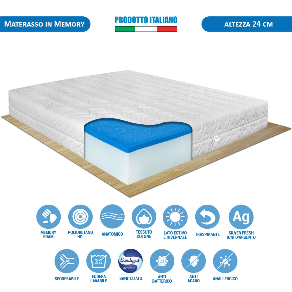 Kit rete ortopedica e materasso memory sfoderabile matrimoniale 160x190 Portogallo H24 cuscini inclusi - Comprarredo