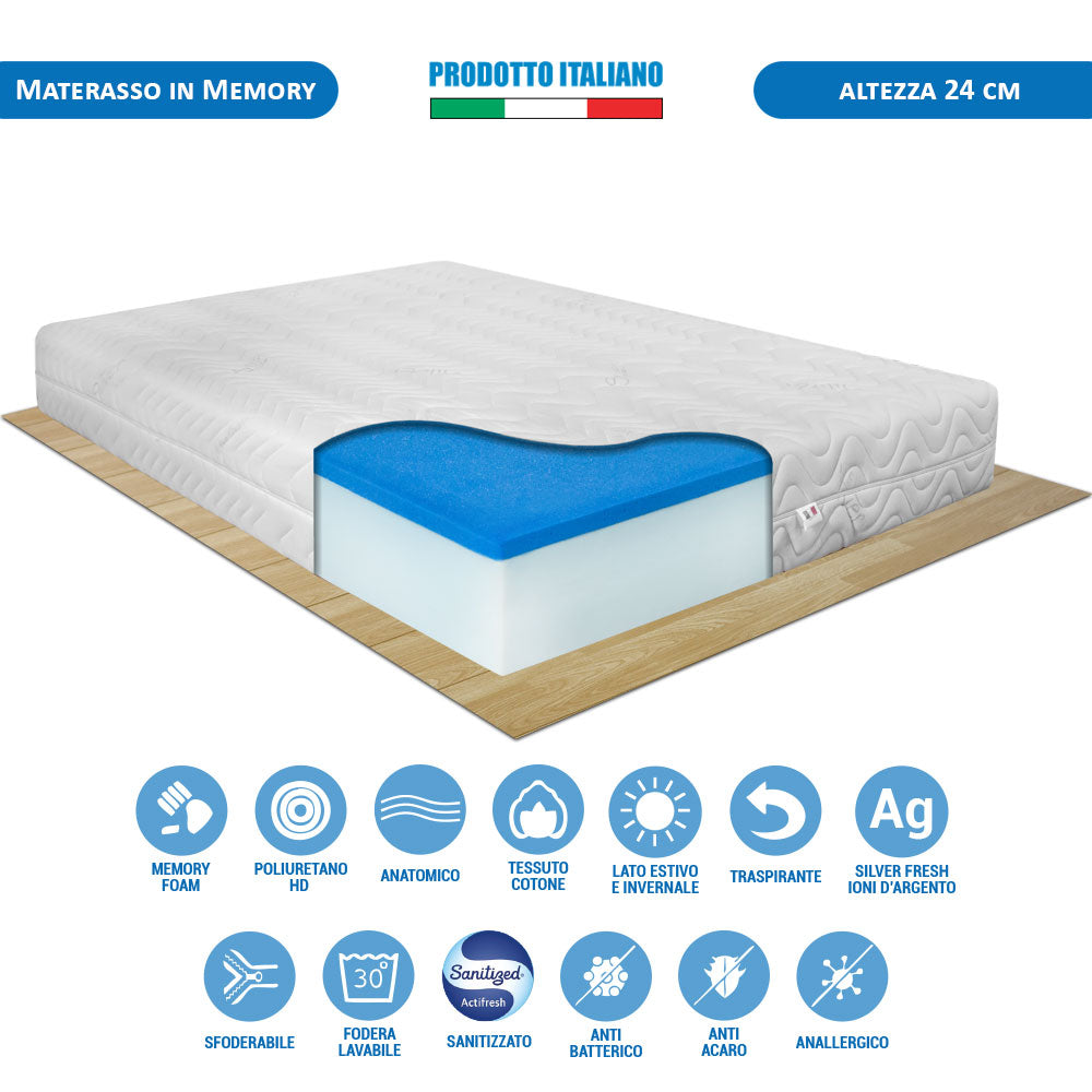 Kit rete ortopedica e materasso memory sfoderabile piazza e mezza 120x190 Portogallo H24 cuscino incluso - Comprarredo