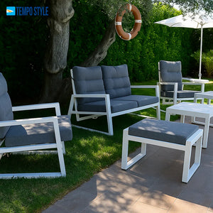 Tempo Style - Pouf MIKONOS in alluminio bianco/grigio | Resistente alle intemperie | Con morbido cuscino sfoderabile | Per ambienti esterni come giardino, balcone, terrazza