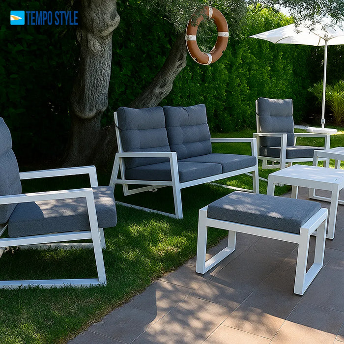 Tempo Style - Pouf MIKONOS in alluminio bianco/grigio | Resistente alle intemperie | Con morbido cuscino sfoderabile | Per ambienti esterni come giardino, balcone, terrazza