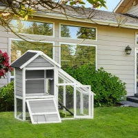 Conigliera in Legno con Area Aperta e Rampa, Gabbia per Conigli con Fondo Estraibile e Porte, 140x65x120 cm, Grigia