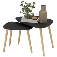 Set di 2 Tavolini Bassi Impilabili, Design Scandinavo, Piedi in Legno e Piano in Legno, Nero