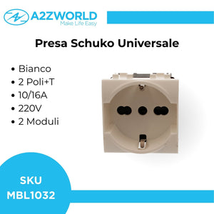 Presa Schuko Universale 2P+T 10/16A 220V MBL Bianco 2M Compatibile Bticino Living Light BLB2102