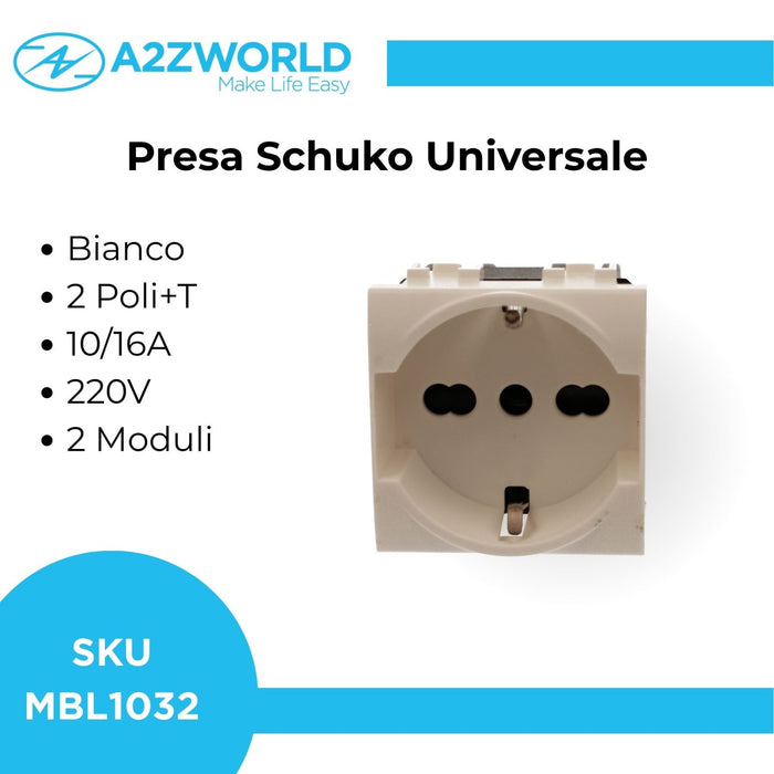 Presa Schuko Universale 2P+T 10/16A 220V MBL Bianco 2M Compatibile Bticino Living Light BLB2102