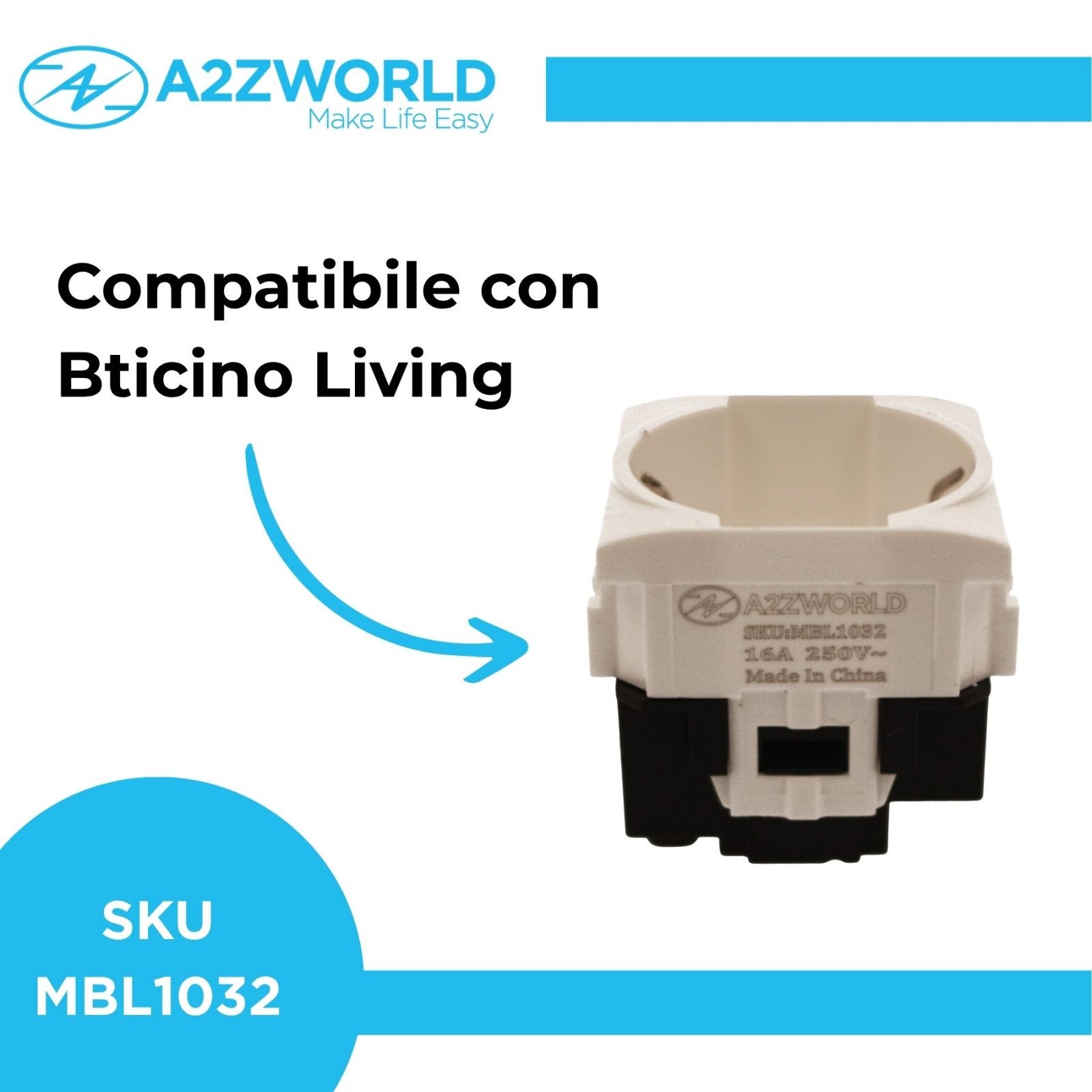 Presa Schuko Universale 2P+T 10/16A 220V MBL Bianco 2M Compatibile Bticino Living Light BLB2102