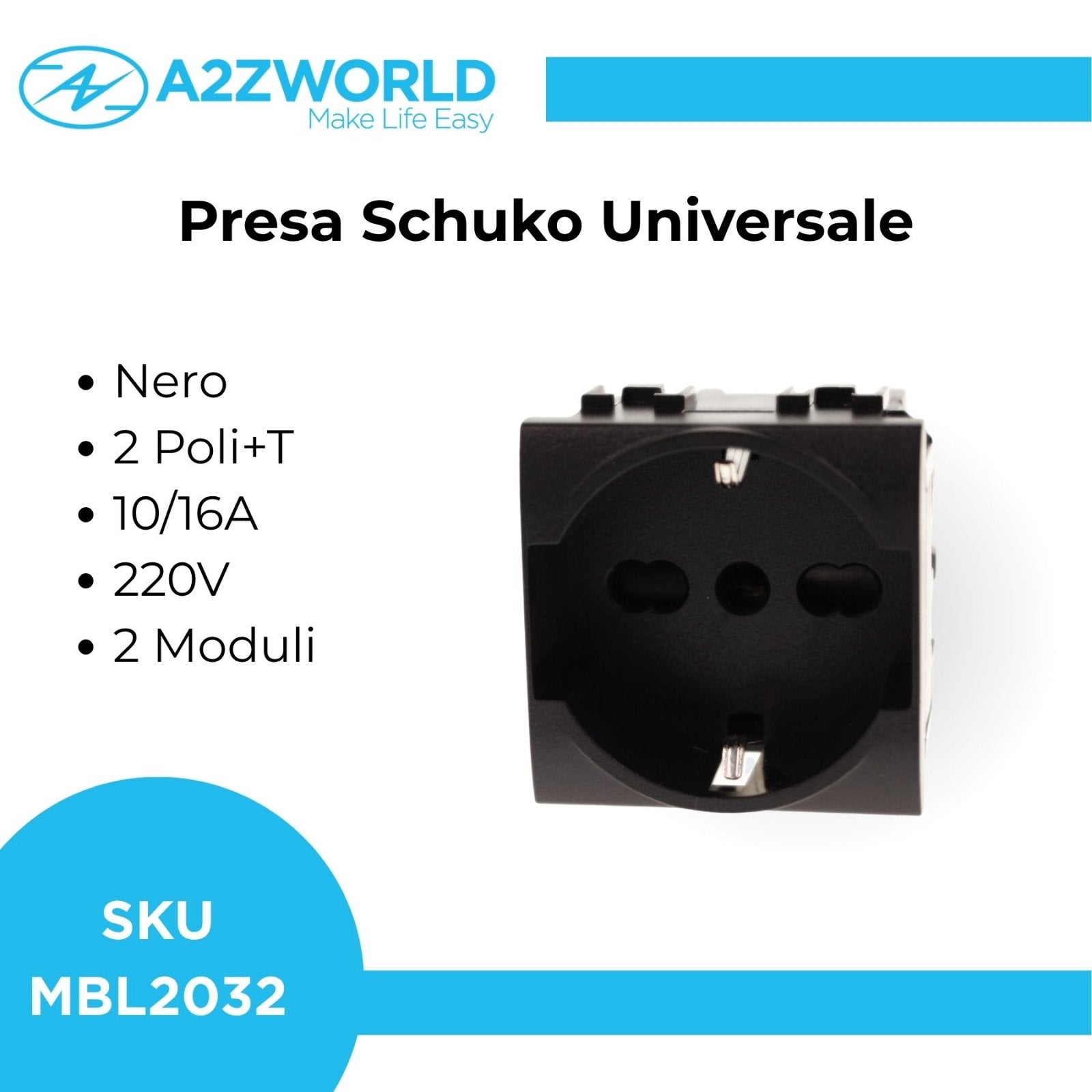 Presa Schuko Universale 2P+T 10/16A 220V MBL Nero 2M Compatibile Bticino Living International BLN2102
