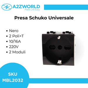 Presa Schuko Universale 2P+T 10/16A 220V MBL Nero 2M Compatibile Bticino Living International BLN2102