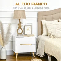 Comodino Moderno con 2 Cassetti, Set 2 Pezzi in Truciolato e Gambe in Legno di Pino, 50Lx40Px50.5A cm, Bianco