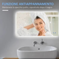kleankin Specchio Bagno con Luce LED, Sistema Anti-Appannamento e Tasti Touch, 90x60cm, Argento