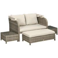 Set da giardino 4 pezzi con divano 2 posti, 1 poggiapiedi, 2 tavolini con cuscini, beige e marrone