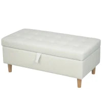 Pouf Contenitore Rivestito in Velluto con Gambe in Legno, Capacità 71L, 100x50x43 cm, Bianco Crema