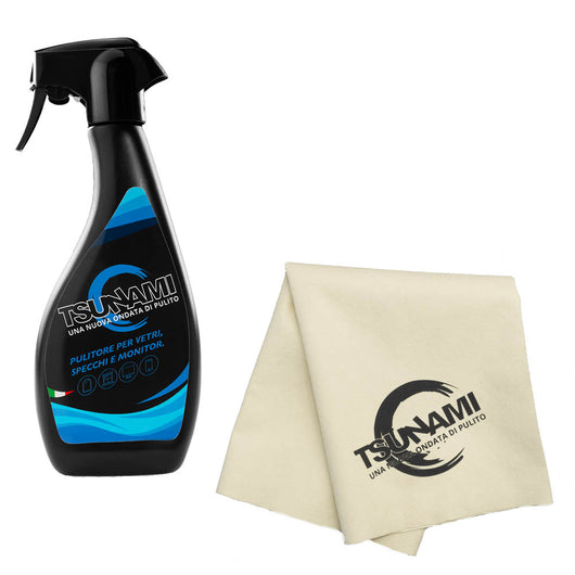 Pulitore deterg.vetri specchi schermo tv monitor professionale Tsunami spray 500 ml. + panno in microfibra casa ufficio negozio