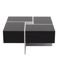 Elegante Tavolino da Caffè Lucido con Vano Portaoggetti Integrato e 4 Cassetti, 70×70×35 cm, Nero e Bianco
