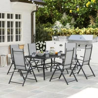 Set da Giardino 7 Pezzi con Tavolo da Pranzo con Foro per Ombrellone e 6 Sedie Pieghevoli, Grigio
