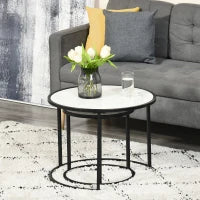 Set di 2 Tavolini da Salotto Rotondi Impilabili in Acciaio ed Effetto Marmo, Bianco