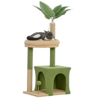 Albero Tiragraffi per Gatti con Casetta, Lettino e 2 Palline, in Legno e Poliestere, 44x30x98 cm, Verde e Marrone