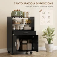 Mobile Microonde in Legno con Cassetto, Armadietto a 2 Ante e 2 Ripiani, 59x40x92 cm, Nero