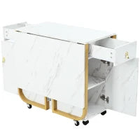 Tavolo da cucina versatile e pieghevole con ruote, con credenza e 2 cassetti, 150x80x76 cm, Bianco e Oro