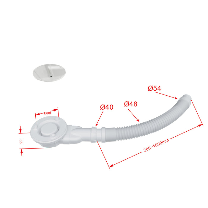 Piletta doccia bianco extra sottile per piatti doccia diametro 90 mm coperchio in ABS cromato, tubo flessbile da 300-1000mm