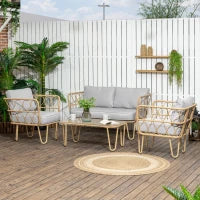 Salotto da Giardino in Rattan Stile Boho con Divano 2 Posti, 2 Poltrone e Tavolino con Vetro