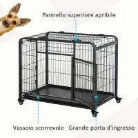 Kennel Gabbia per Cani Pieghevole Doppia Porta con Blocco 4 Ruote con Freno e Fondo Rimovibile, 109.5x71x78cm
