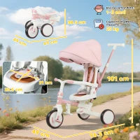 Triciclo per Bambini 5 in 1 con Maniglione di Spinta e Copertura Rimovibile, 96.5x49x101 cm, Rosa