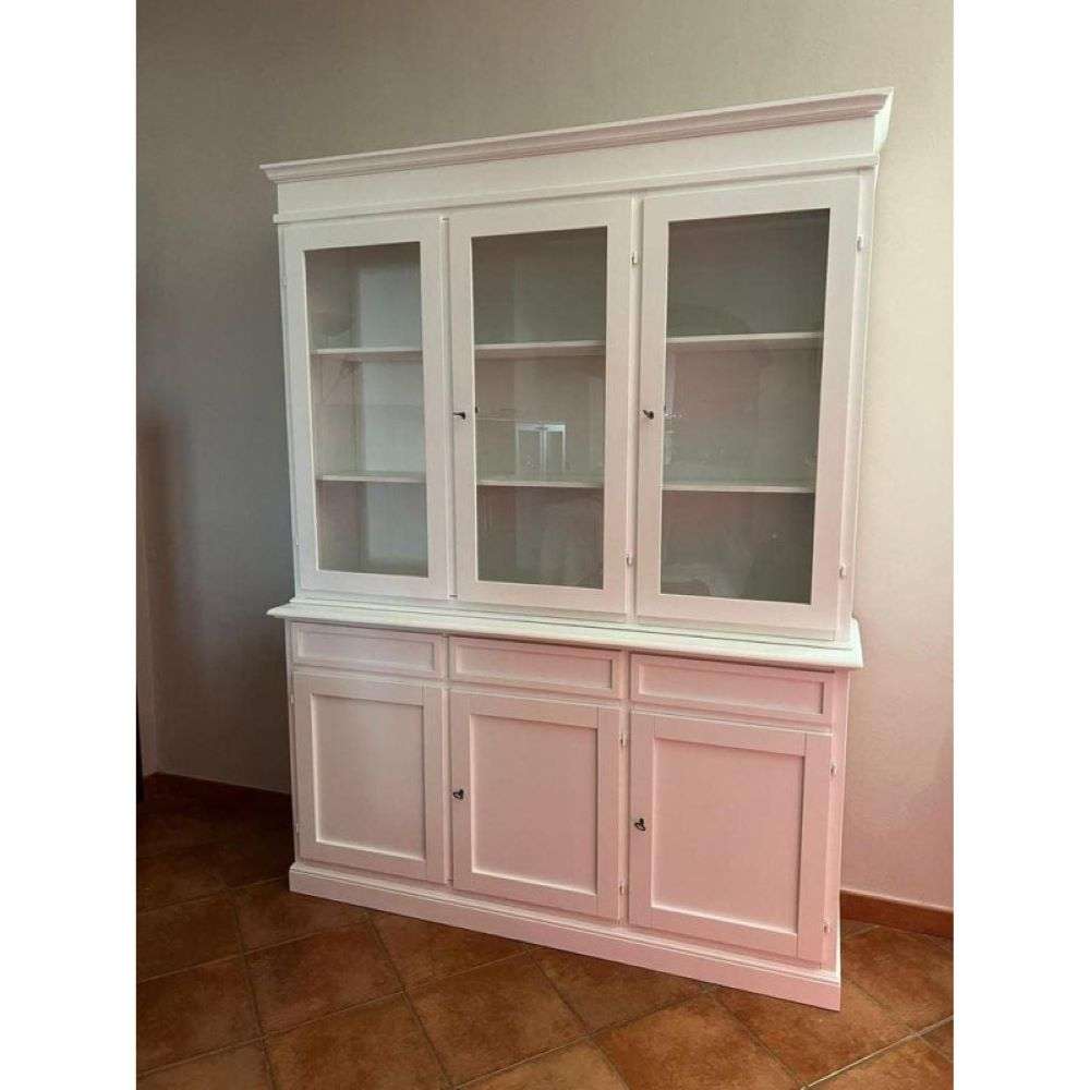 Cristalliera 6 ante 3 cassetti arte povera in legno massello e mdf con rifinitura in bianco 156x42x205 H