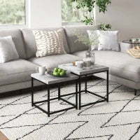 Set di 2 Tavolini da Salotto, Tavolini Bassi Quadrati, Tavoli da Salotto, Telaio in Acciaio e Piani in Legno, Grigio