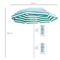 Ombrellone da Spiaggia Inclinabile e Rotondo in Metallo e Poliestere, Ø1.8x2 m, Verde e Bianco
